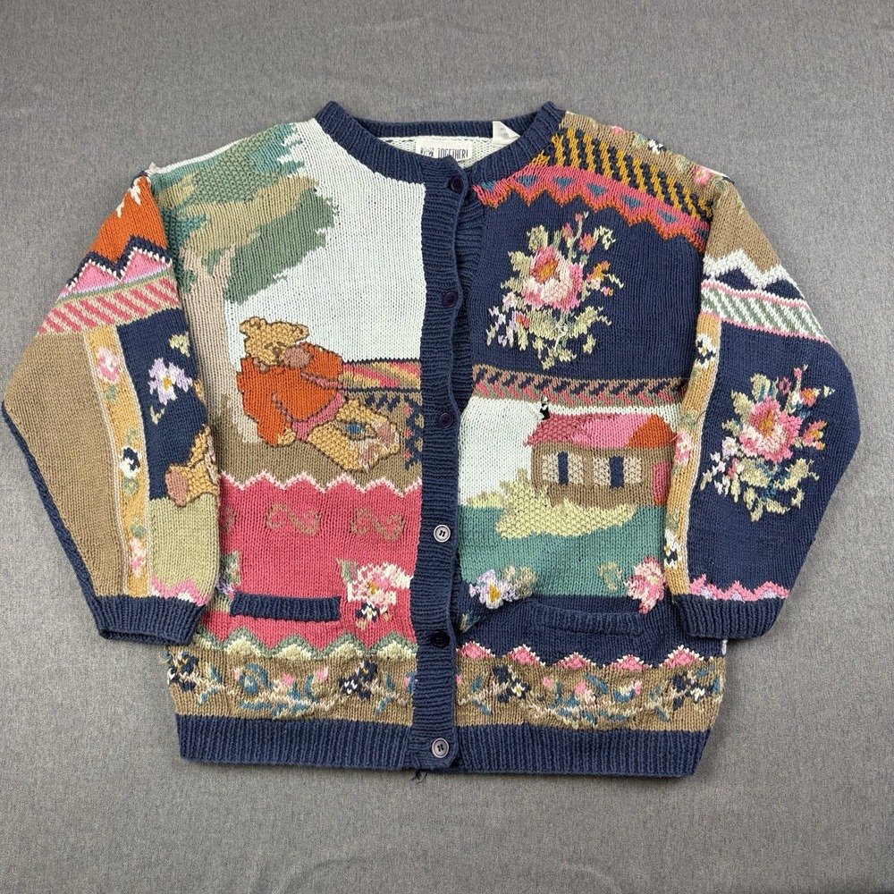 Vintage 90s Together! Knit Cardigan Sweater Teddy Bears Floral Women's L Grandma